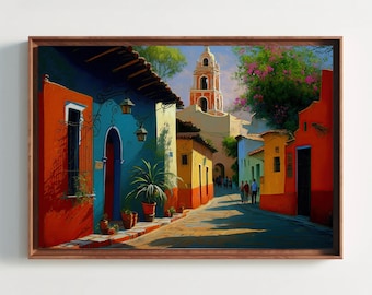 Colorful Mexican Village Art Print, Vibrant Home Decor