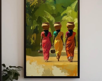Indian Village Women Canvas Print, Traditional Sarees, Cultural Wall Art