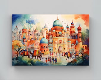 May include: A watercolor painting depicting a vibrant city with numerous domes and towers in shades of orange, yellow, and blue. Several elephants with colorful blankets walk among people in a plaza, surrounded by lush trees and a soft, hazy sky.