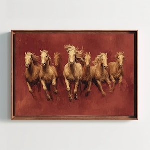 Seven Gold Horses Vastu Canvas Art – Mocha Sunrise Equine Painting