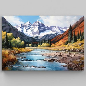 Maroon Bells Oil Painting Canvas Art Print, Colorado Wall Art, Maroon Bells Print, Home Decor, Maroon Bells Colorado USA