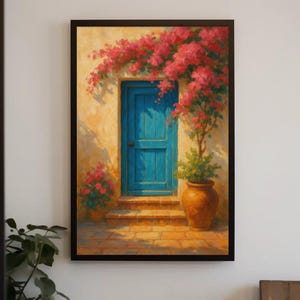 Mediterranean Doorway Canvas Print – Blue Door Wall Art with Bougainvillea Flowers for Tuscan or Greek Home Decor