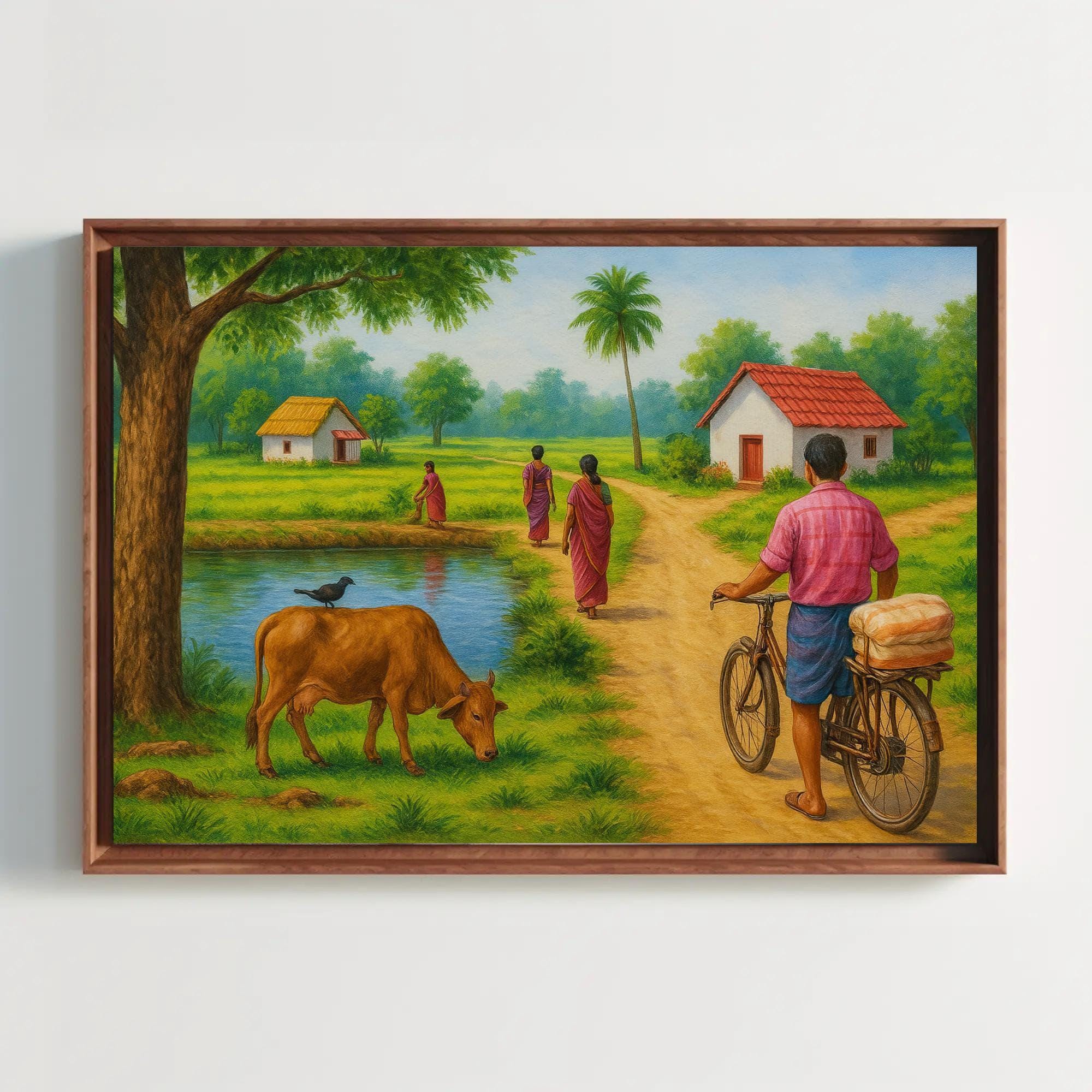 South Indian Village Art Print, Cows, Bicycle, Pond, Huts - Etsy