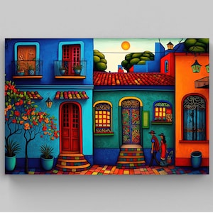 Colorful Mexican Village Art Print, Folk Art Wall Decor