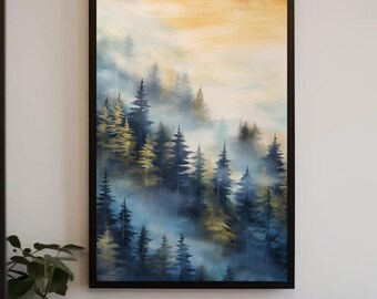 Arte mural abstracto de niebla de montaña - Impresión natural para sala de estar moderna - Decoración en lienzo enmarcado