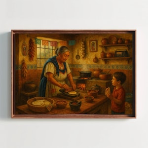 Impression de cuisine mexicaine Abuela, presse à tortillas, décoration d'intérieur latine