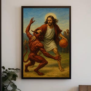 Funny Jesus vs Devil Basketball Canvas Print - Ironic Christian Wall Art