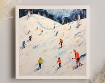 Op de afbeelding: Een vierkant ingelijst olieverfschilderij met een besneeuwde skipiste en meerdere skiërs in kleurrijke jassen die de helling afdalen. Het kunstwerk bevat dikke, getextureerde penseelstreken in tinten wit, blauw en oranje die beweging vastleggen.
