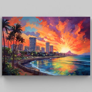 Honolulu Art  | Hawaiian Travel Poster  | Hawaii Art Canvas  | Hawaii Print  | Hawaiian Travel Poster  | Hawaii Oil Painting - Home Decor