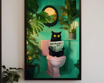 Funny Black Cat Bathroom Canvas Print, Quirky Neon Eyes Toilet Art