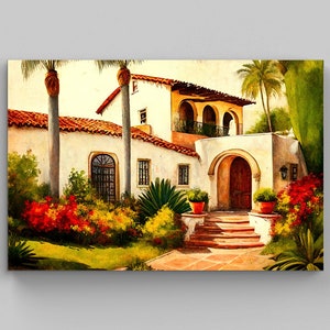 Mexican House, Mexican Hacienda Painting, Mexican Art Canvas,  Mexican Decor, Home Decor, Mexico Wall Art Print, Mexican Living Room Decor