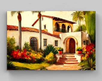 Mexican House, Mexican Hacienda Painting, Mexican Art Canvas,  Mexican Decor, Home Decor, Mexico Wall Art Print, Mexican Living Room Decor