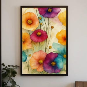 Colorful Poppy Painting | Abstract Floral Watercolor Art | Vibrant Botanical Wall Decor | Cheerful Kitchen or Living Room Print
