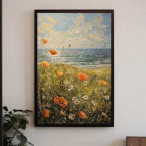 Framed Coastal Wildflower Canvas Print, Vintage Summer Art