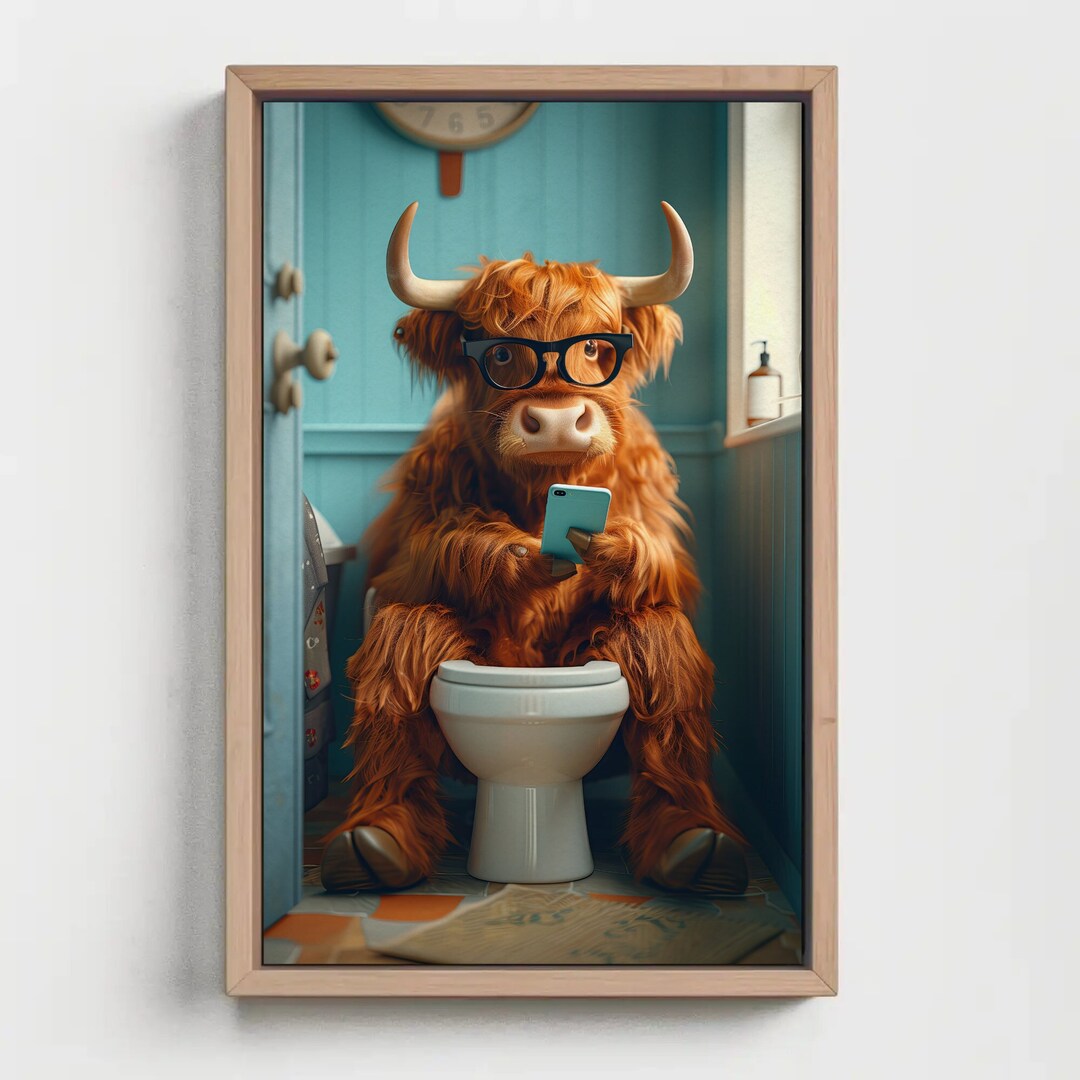 Funny Highland Cow Bathroom Wall Art - 4-Piece 8x10 Unframed Canvas Prints