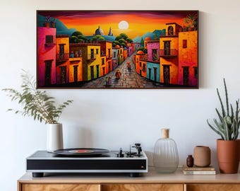 Mexican Village Canvas Print, Colorful Landscape Oil Painting