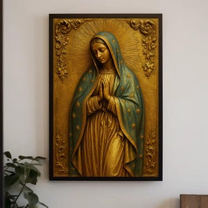 Praying Virgin Mary Canvas Print, Catholic Wall Art, Gold Religious Decor, Blessed Mother Mary Print, Christian Wall Decor, Jesus Gift