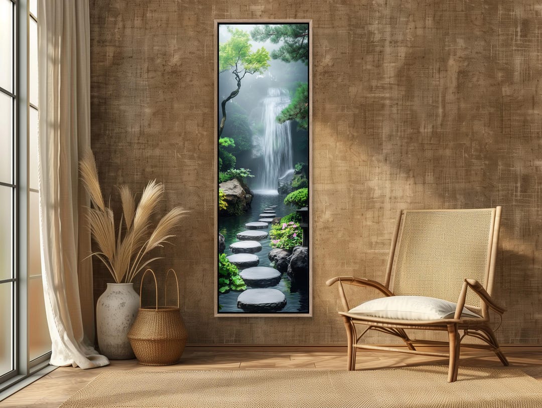 Zen Waterfall Path Wall Art, Japanese Garden Canvas Print, Tall Serene ...