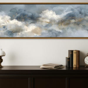 Drifting Storm Clouds Panorama Wall Art, Soft Gray Sky Canvas with Gold Flecks
