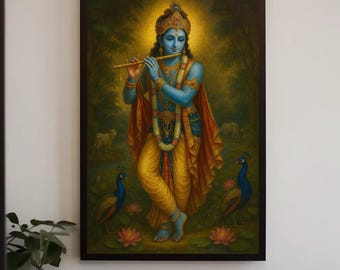 Krishna Flute Canvas Print: Hindu God, Peacock & Lotus Art