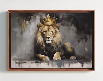 Lion King Crown Canvas Art – Black Gold Abstract Print