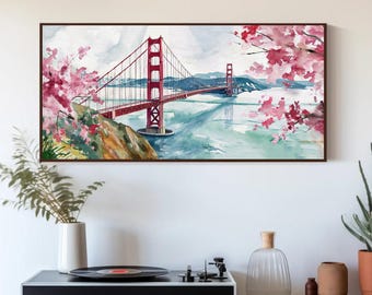 Golden Gate Bridge Watercolor Canvas Print, San Francisco Wall Art, Framed Poster