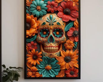 3D Sugar Skull Canvas Print – Day of the Dead Floral Decor