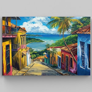 Streets of San Juan Framed Wall Art | Puerto Rico Painting | Large Canvas Print | Framed Poster Puerto Rican Art | Old San Juan Oil Painting