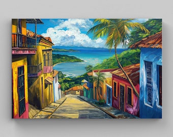 Streets of San Juan Framed Wall Art | Puerto Rico Painting | Large Canvas Print | Framed Poster Puerto Rican Art | Old San Juan Oil Painting