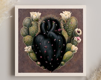 Mexican Cactus Heart Canvas, Mexican Folk Art Painting, Mexico Wall Art, Cactus Wall Art, Vintage Wall Art, Boho Wall Decor, Cactus Print