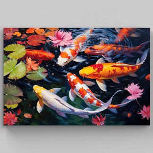 Colorful Koi Fish Pond Oil Painting on Large Canvas, Koi Fish Painting, Koi Fish Art, Koi Fish Print, Colorful Wall Art