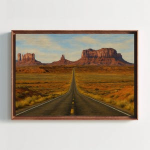 Monument Valley desert road canvas wall art painting for rustic living room or western home decor print with scenic red rock landscape
