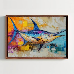 Blue Marlin Canvas Print - Colorful Oil Painting - Vibrant Ocean Fish Art - Extra Large Horizontal Nautical Wall Decor for Home or Office