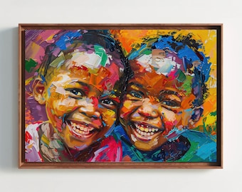 African Children Art Print, Vibrant Impasto Painting on Canvas, Kids Portrait