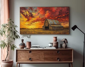 Farmhouse Barn Sunset Canvas Print – Rustic Wall Art