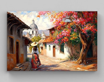 May include: A painting of a person wearing a wide-brimmed hat, white top, and patterned skirt walking down a cobblestone street. The scene features white buildings with terracotta roofs, a large tree with vibrant pink flowers, and a domed church.