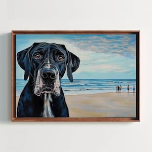Whimsical dog on beach oil painting print, playful seaside art, coastal wall decor for living room, unique gift for dog lovers - must see