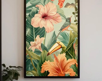 Tropical Birds and Flowers Canvas | Vibrant Botanical Wall Art