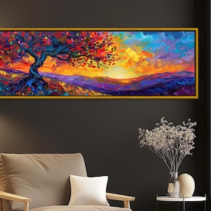 Colorful tree landscape canvas panoramic extra large long horizontal abstract sunset wall art for living room or vibrant office decor