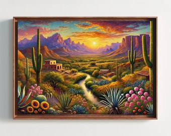 Mexican Desert Sunset Canvas Print | Vibrant Cacti Landscape Wall Art