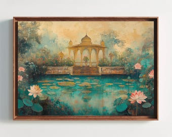 Mughal Pavilion Canvas Print – Teal & Gold Lotus Pond, Indian Palace Wall Art