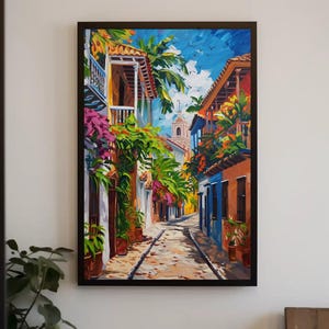 Cartagena Street Oil Painting Canvas Print | Vibrant Colombian Wall Art | Rustic Cultural Decor for Living Room or Bedroom | Ready to Hang