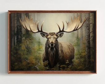 ヘラジカのキャンバスプリント：森の中の角のあるヘラジカ、額入りウォールアート