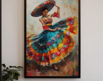 Framed Mexican Folk Art Canvas Print – Woman in Traditional Dress