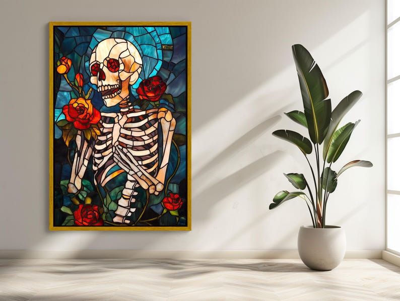 Sugar Skull Skeleton With Roses Stained Glass Canvas Print Halloween