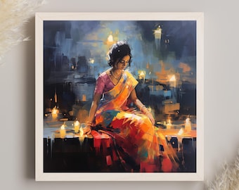 Indian Woman Canvas Print | Abstract Oil Painting, Framed Wall Art