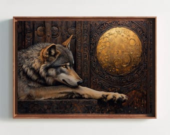 Wolf and Gold Moon Canvas Print – Mystical Wildlife Art, Rustic Cabin Decor