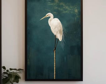 Japanese Crane Canvas Print, Minimalist Green Bird Wall Art, Zen Decor