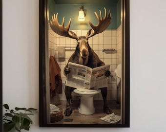 Funny Moose Bathroom Art | Newspaper Toilet Canvas Print