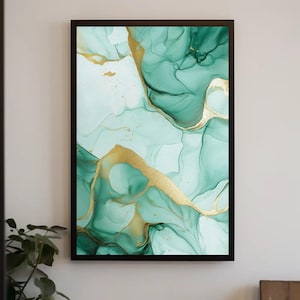 Green Marble Canvas Print, Gold Turquoise Abstract Art, Framed Wall Decor